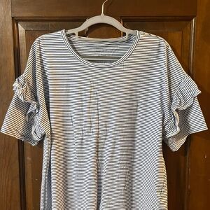 Banana Republic Navy and White Striped Ruffle Sleeve Tee